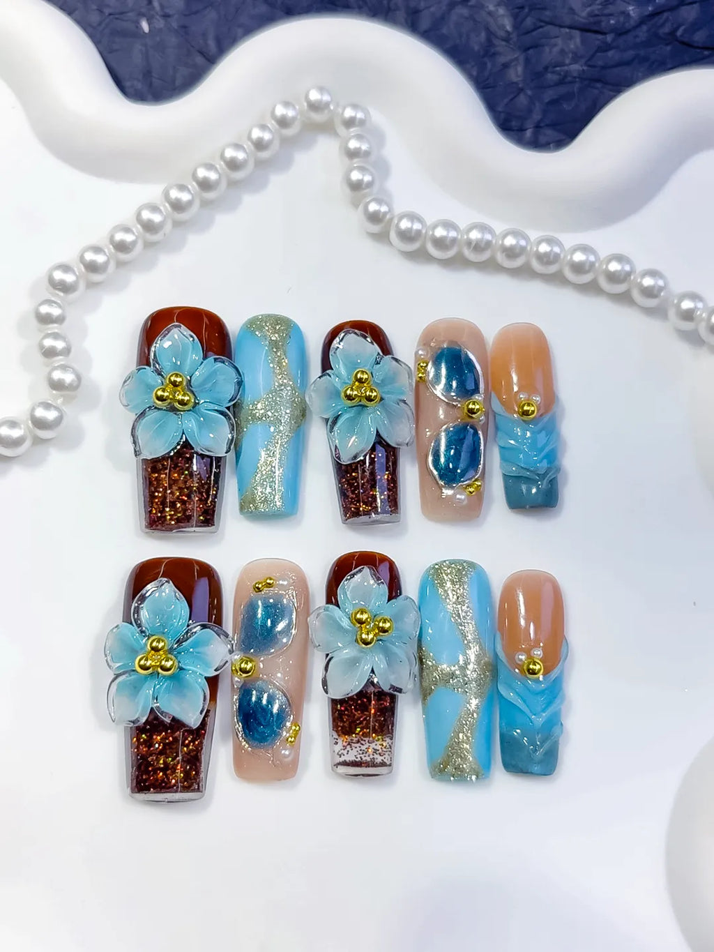 Brown Blue Gold Nude Silver Abstract Flower Glitter Pearl 3D Texture press on nails detail view