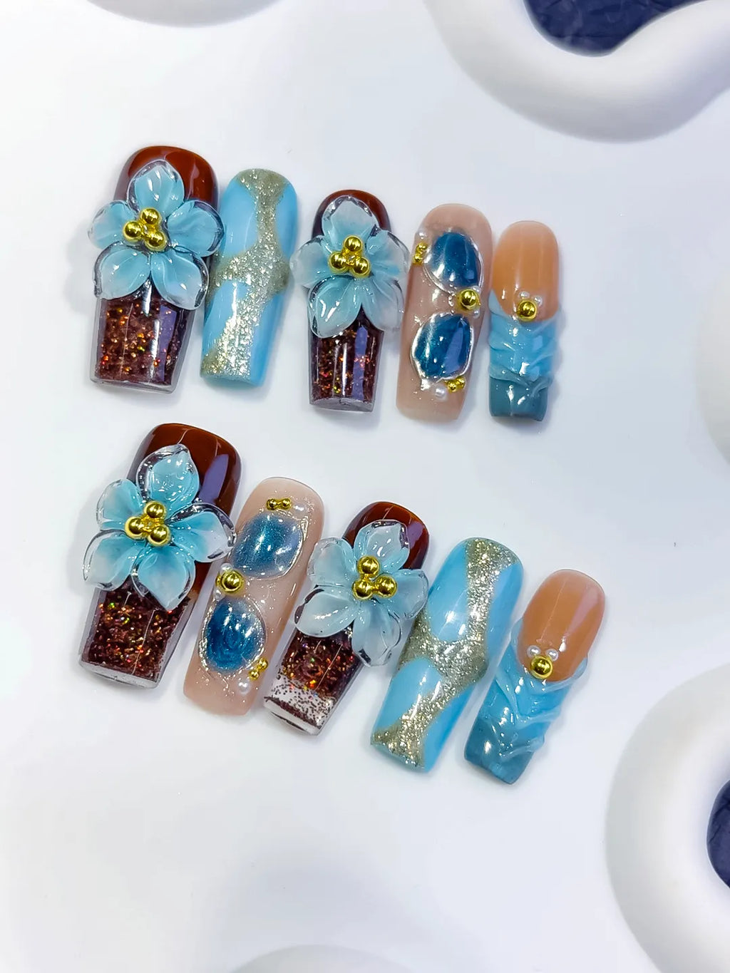 Brown Blue Gold Nude Silver Abstract Flower Glitter Pearl 3D Texture press on nails detail view