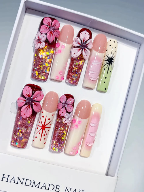Pink Nude White Red Black Green Silver Abstract Flower Glitter Starburst 3D Texture press on nails