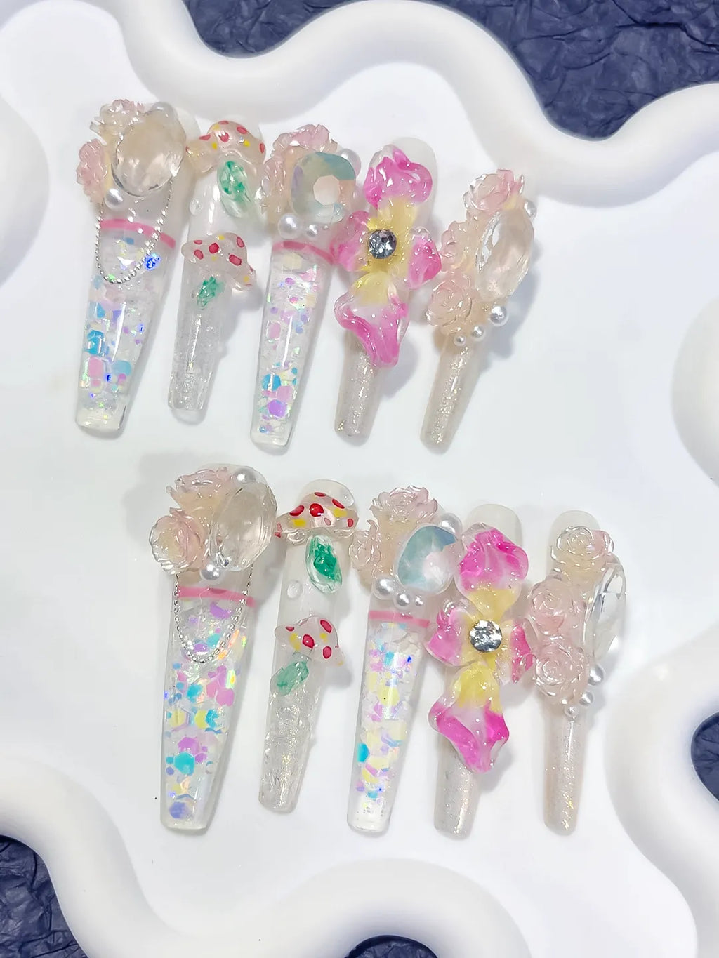 White Pink Yellow Green Silver Multicolor Abstract Flower Rose Mushroom Pearl Glitter 3D press on nails detail view