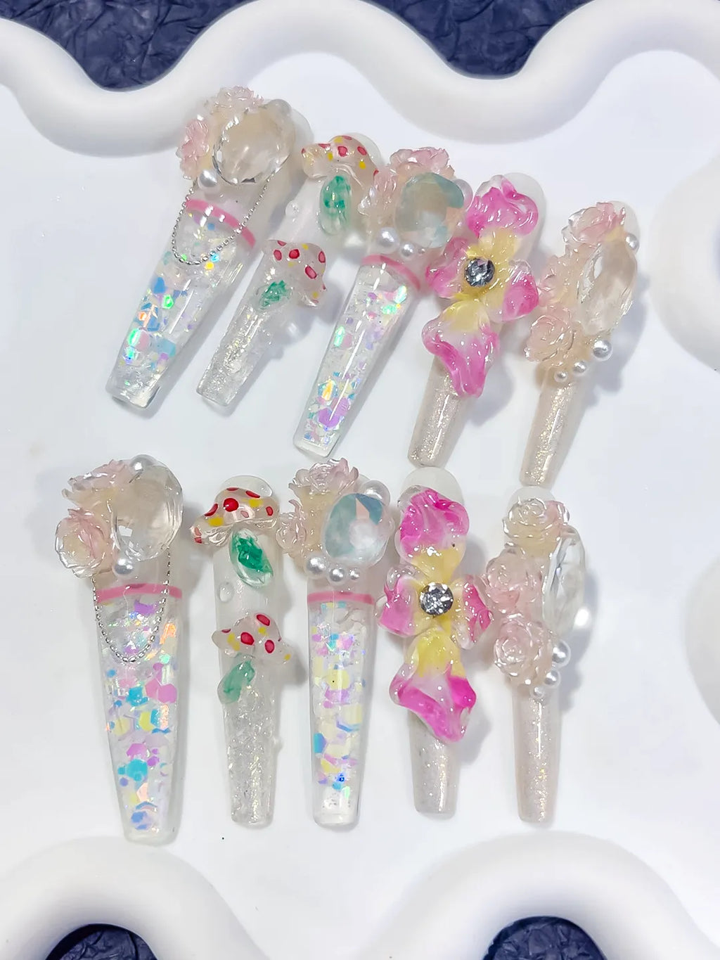 White Pink Yellow Green Silver Multicolor Abstract Flower Rose Mushroom Pearl Glitter 3D press on nails detail view