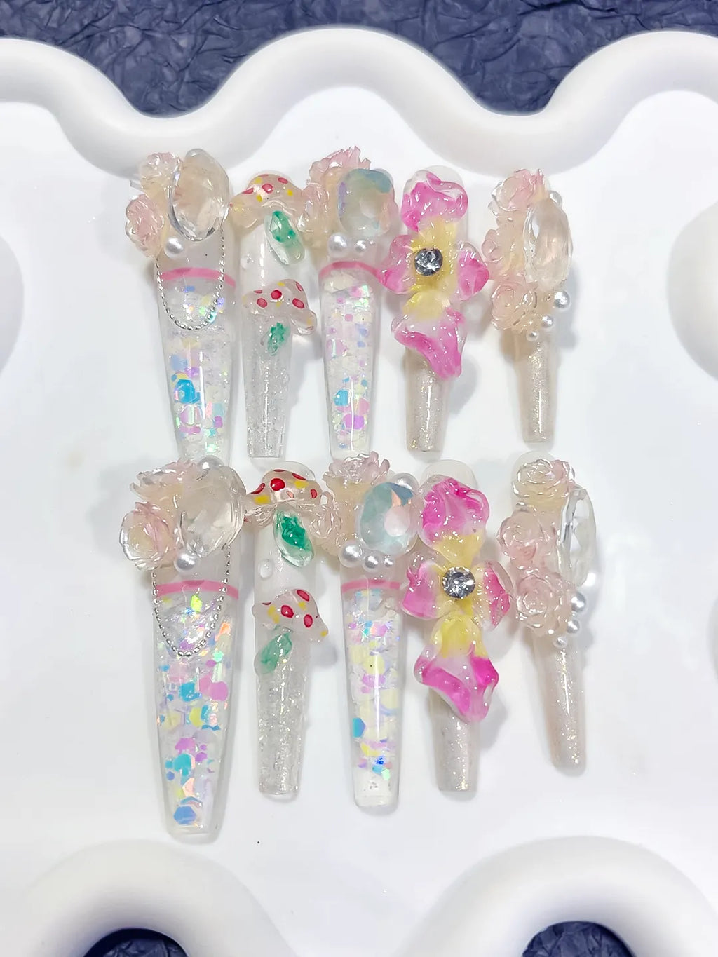 White Pink Yellow Green Silver Multicolor Abstract Flower Rose Mushroom Pearl Glitter 3D press on nails detail view