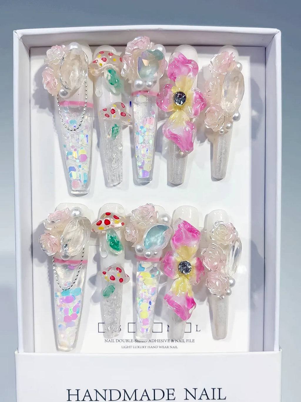White Pink Yellow Green Silver Multicolor Abstract Flower Rose Mushroom Pearl Glitter 3D press on nails full set view
