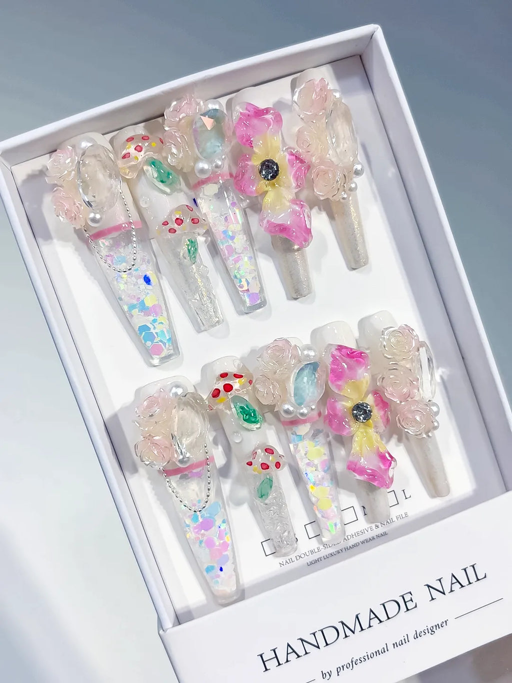 White Pink Yellow Green Silver Multicolor Abstract Flower Rose Mushroom Pearl Glitter 3D press on nails angled view