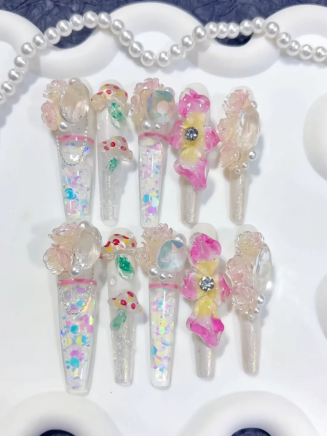 White Pink Yellow Green Silver Multicolor Abstract Flower Rose Mushroom Pearl Glitter 3D press on nails close up