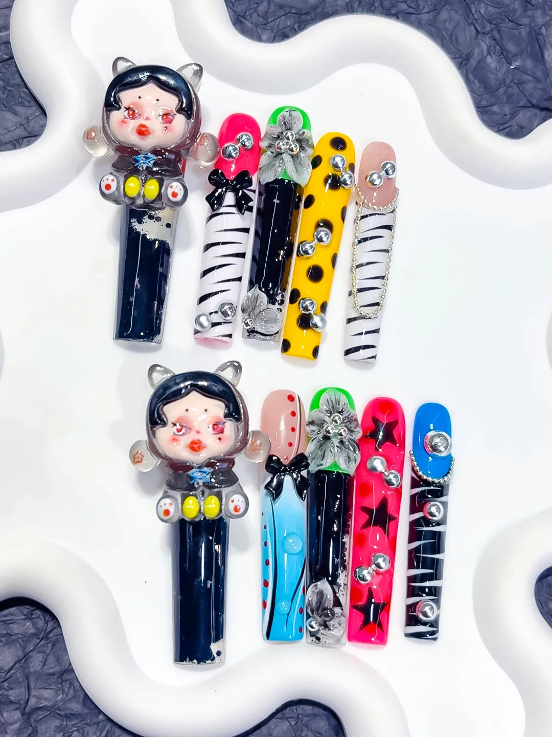 Black White Yellow Pink Blue Nude Green Silver Abstract Character Flower Bow Star Stud 3D press on nails close up