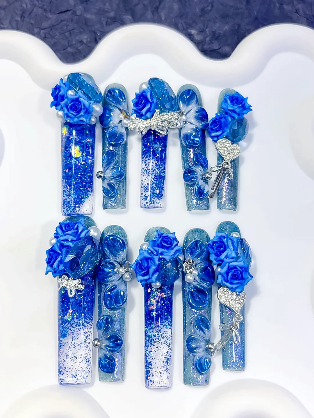 Blue Silver Multicolor Glitter Rose Bow Heart Pearl Rhinestone 3D press on nails close up