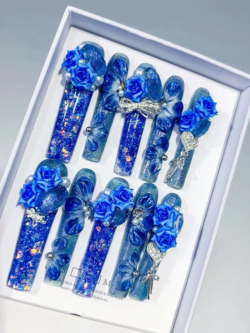 Blue Silver Multicolor Glitter Rose Bow Heart Pearl Rhinestone 3D press on nails