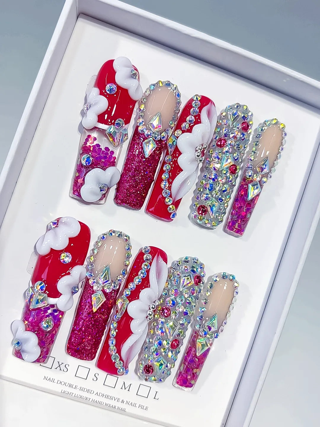 Red Pink White Silver Multicolor Glitter Cloud Rhinestone Crystal Cluster 3D press on nails