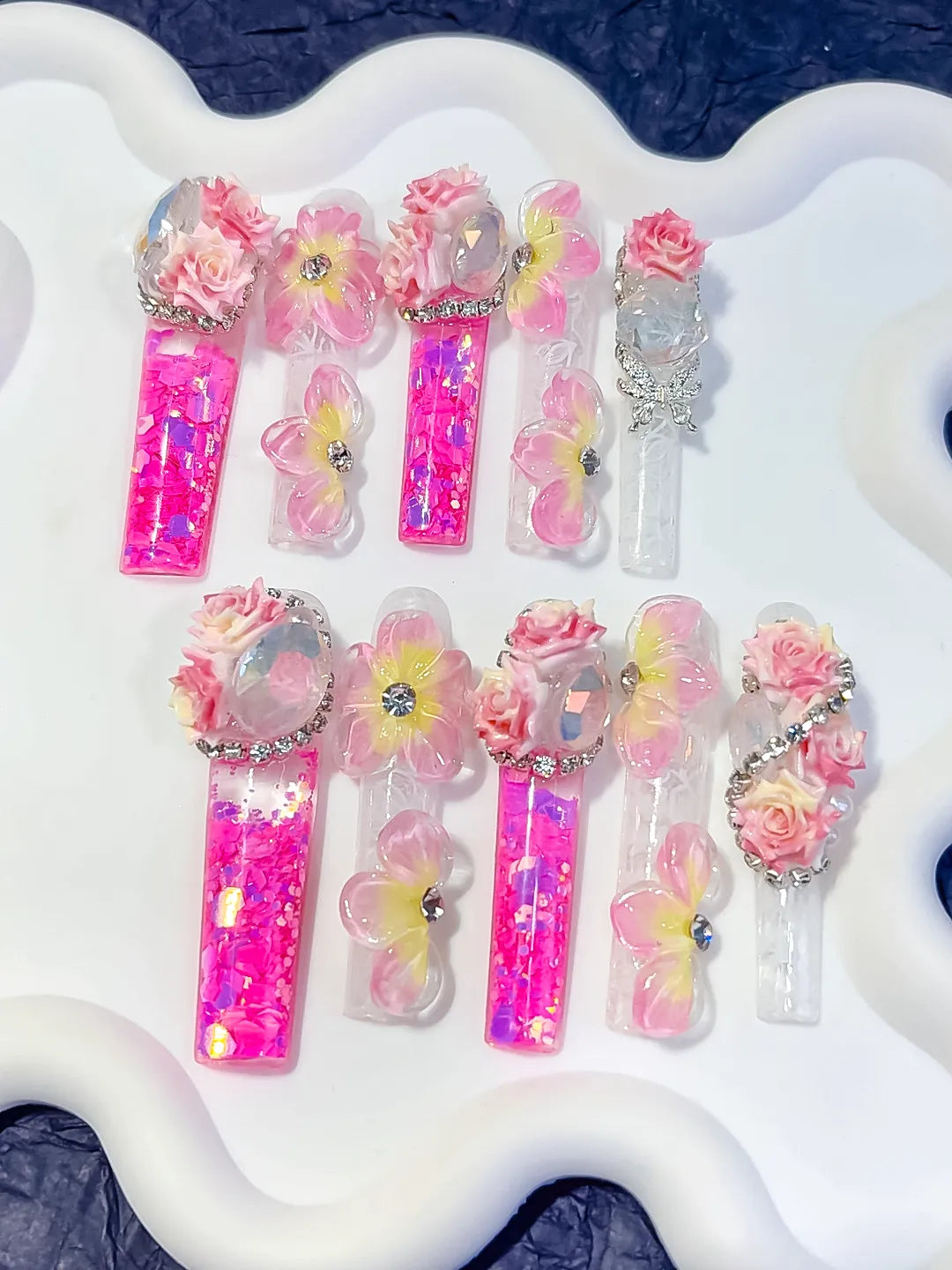 Pink White Yellow Silver Multicolor Glitter Flower Rose Rhinestone Crystal Cluster 3D press on nails close up