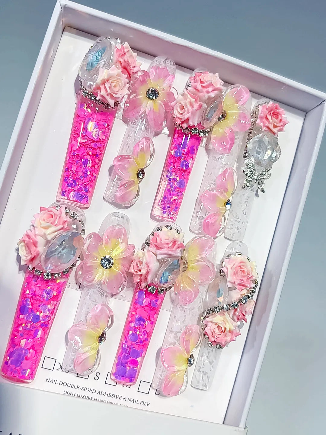 Pink White Yellow Silver Multicolor Glitter Flower Rose Rhinestone Crystal Cluster 3D press on nails