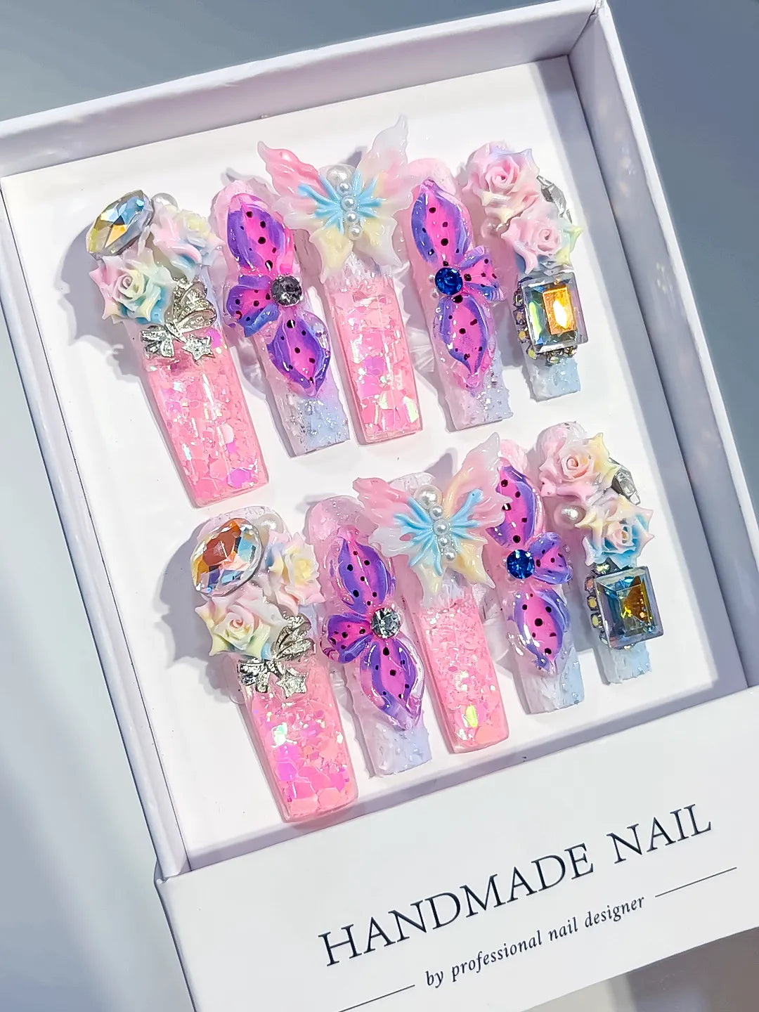 Pink Purple White Silver Multicolor Glitter Butterfly Flower Rose Rhinestone Crystal Cluster 3D press on nails angled view