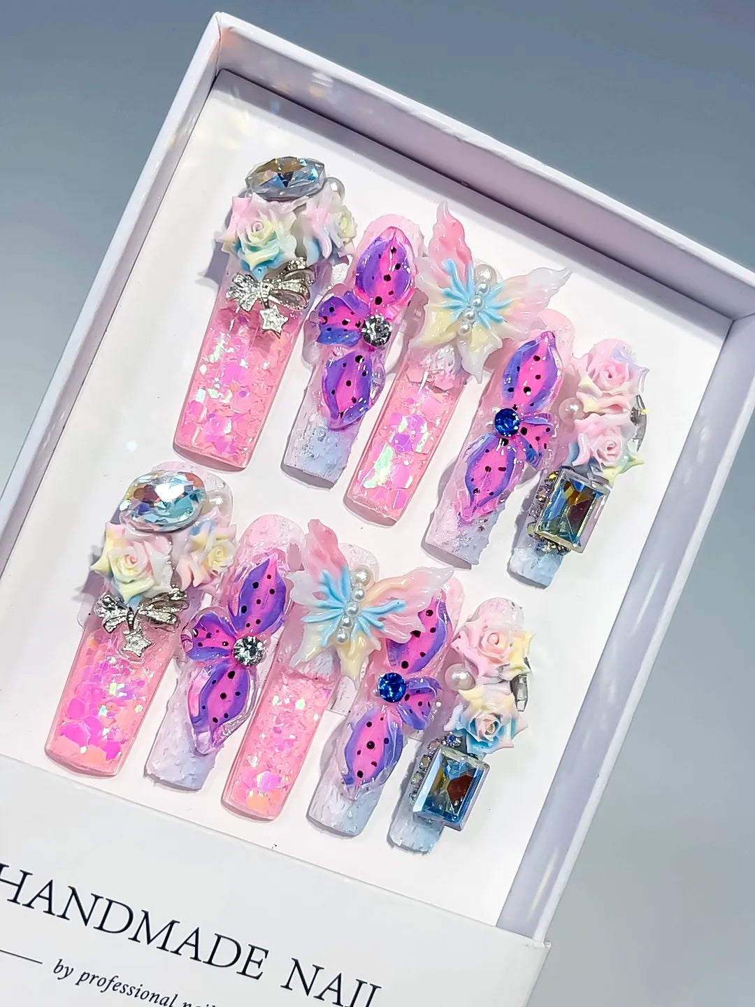 Pink Purple White Silver Multicolor Glitter Butterfly Flower Rose Rhinestone Crystal Cluster 3D press on nails