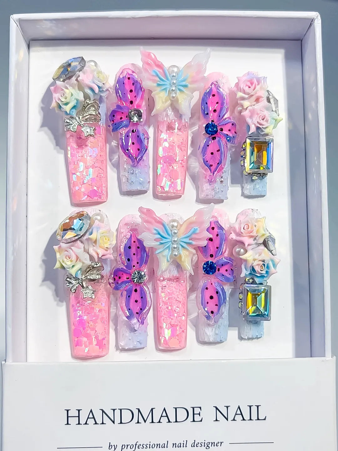 Pink Purple White Silver Multicolor Glitter Butterfly Flower Rose Rhinestone Crystal Cluster 3D press on nails full set view