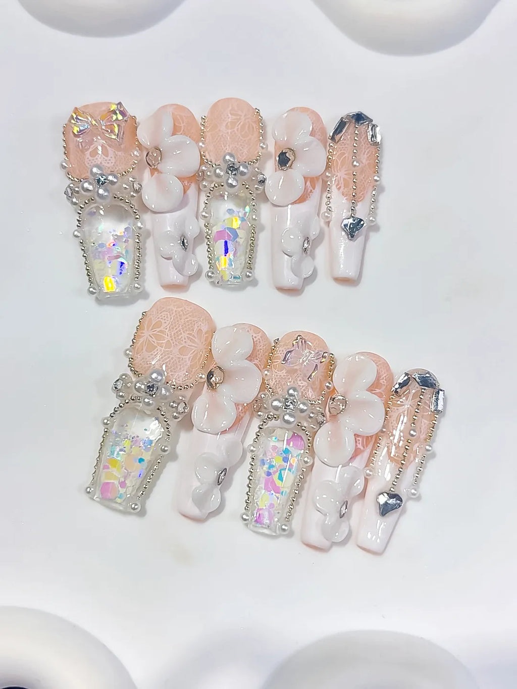 Nude White Silver Multicolor Solid color Bow Flower Heart Pearl Rhinestone 3D press on nails detail view