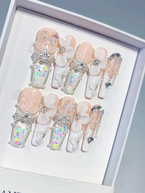 Nude White Silver Multicolor Solid color Bow Flower Heart Pearl Rhinestone 3D press on nails