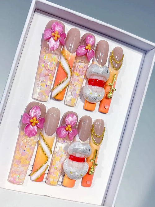 Nude Orange White Pink Gold Silver Multicolor Abstract Flower Lips Chain Glitter Metallic Accent 3D press on nails