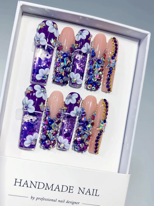 Purple Nude White Blue Silver Gold Multicolor Glitter Flower Rhinestone Crystal Cluster Star 3D press on nails