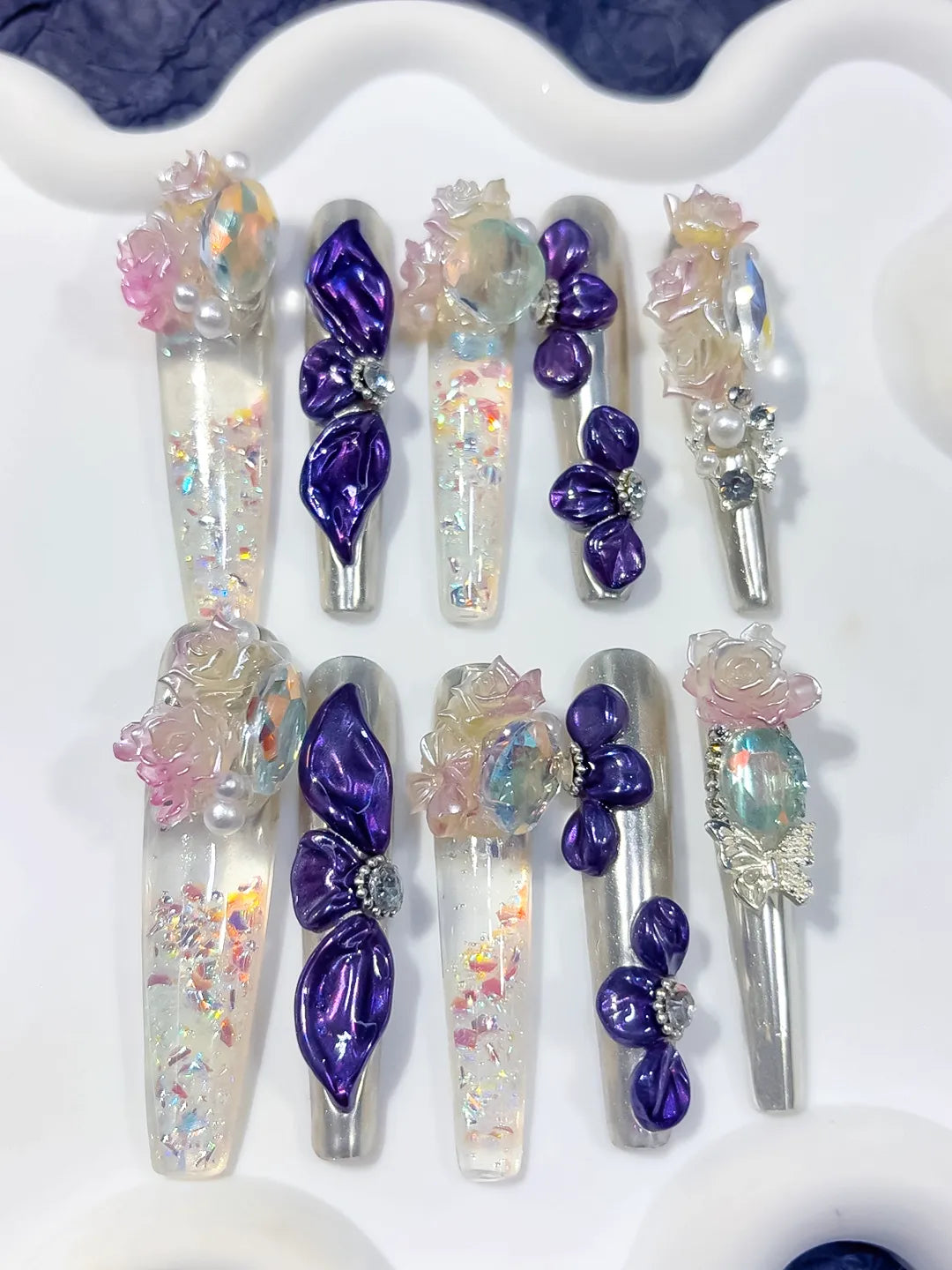 Silver Purple White Pink Multicolor Metallic Bow Rose Pearl Rhinestone Glitter 3D press on nails close up