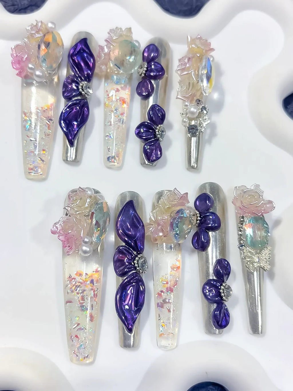 Silver Purple White Pink Multicolor Metallic Bow Rose Pearl Rhinestone Glitter 3D press on nails detail view