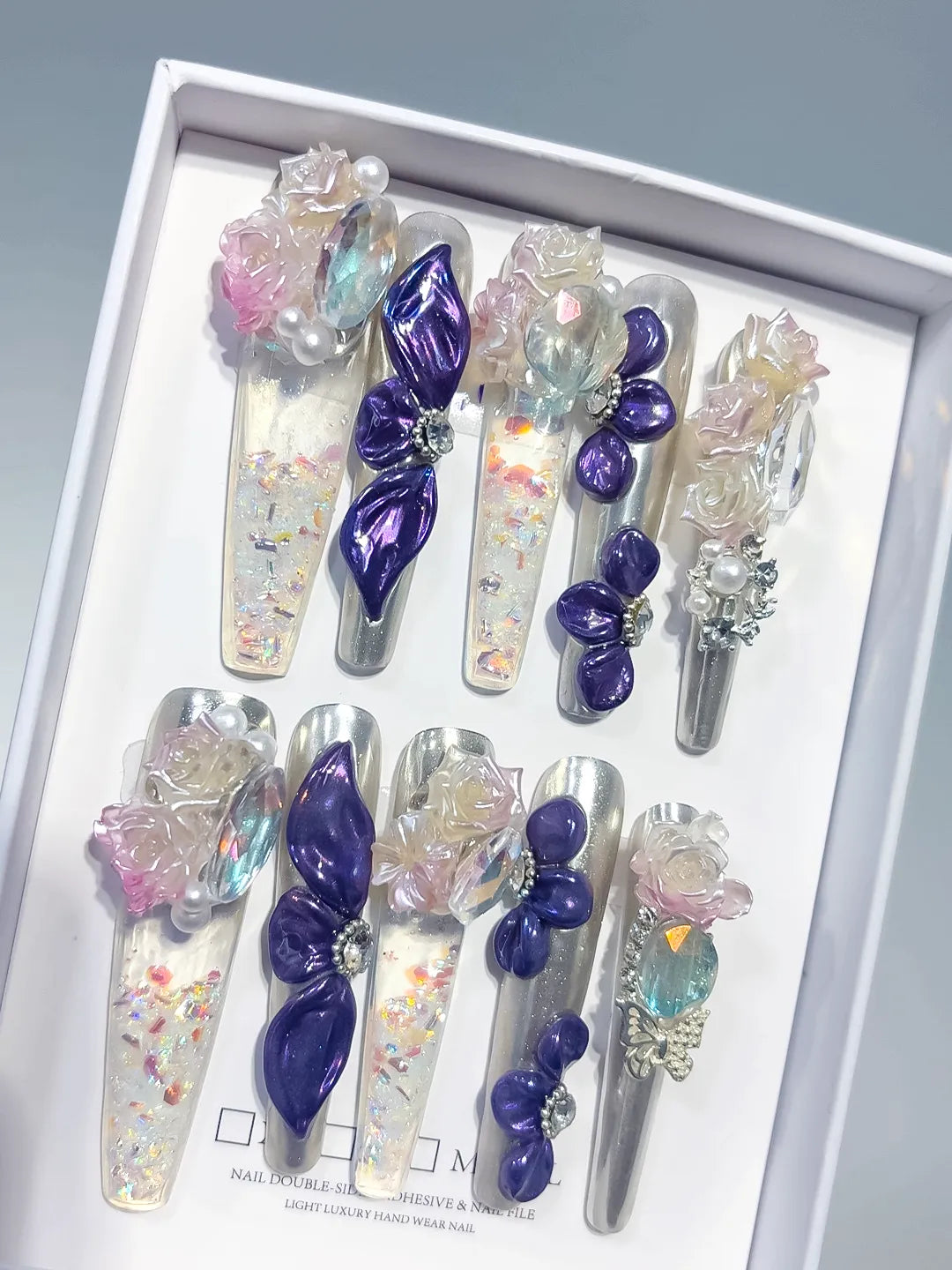 Silver Purple White Pink Multicolor Metallic Bow Rose Pearl Rhinestone Glitter 3D press on nails