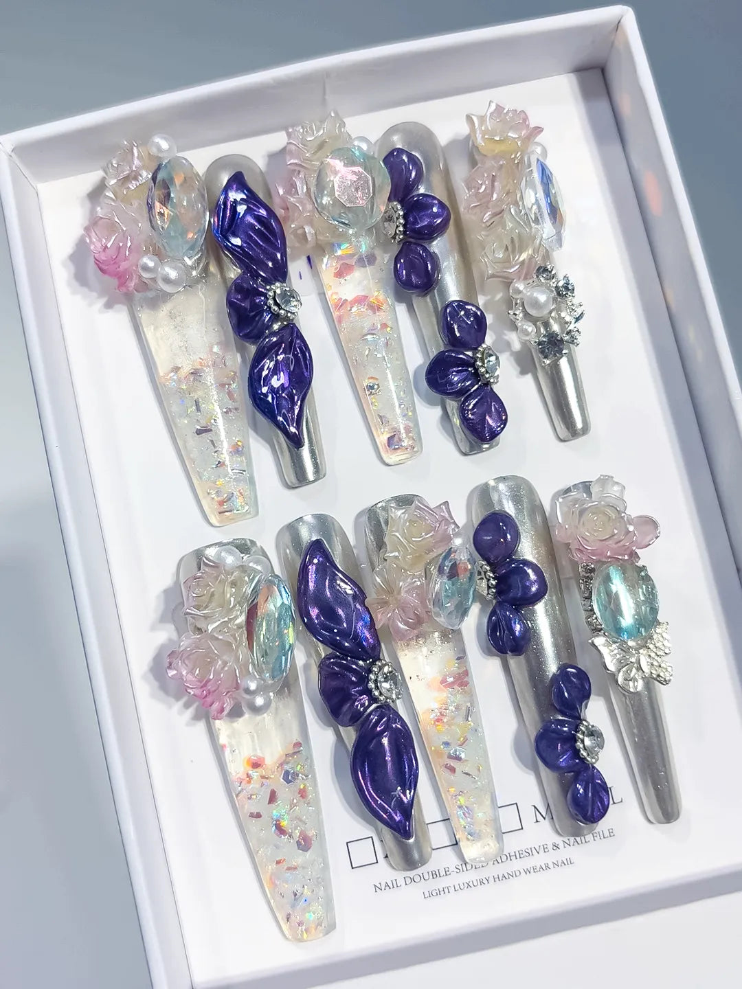 Silver Purple White Pink Multicolor Metallic Bow Rose Pearl Rhinestone Glitter 3D press on nails angled view