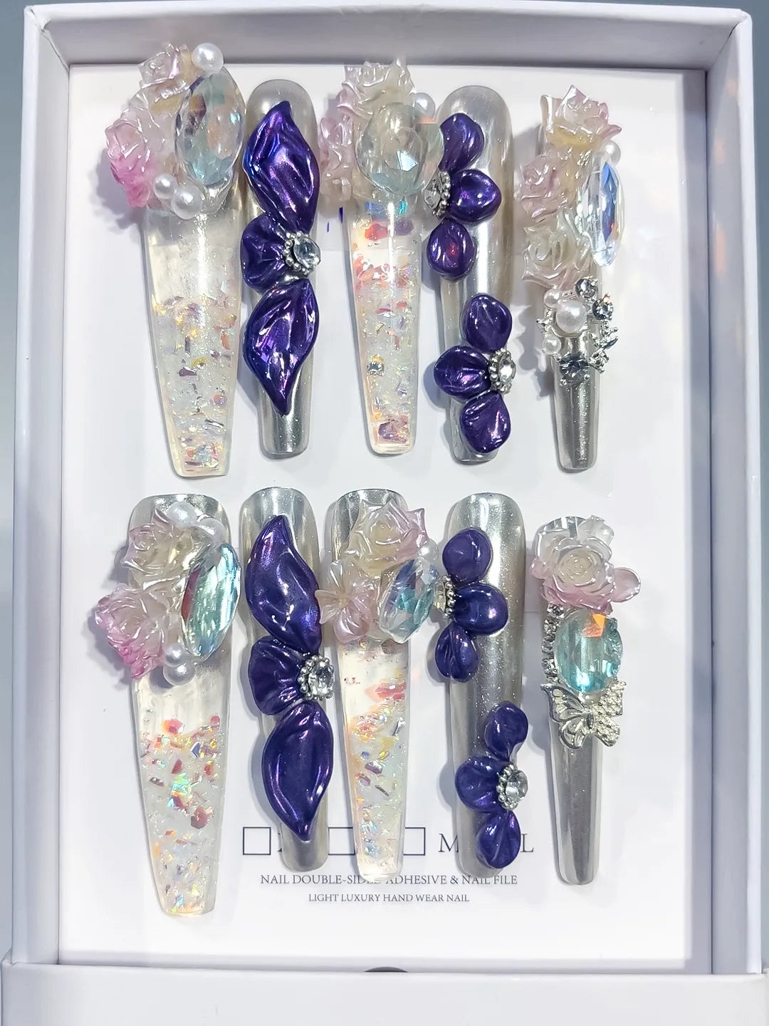 Silver Purple White Pink Multicolor Metallic Bow Rose Pearl Rhinestone Glitter 3D press on nails full set view