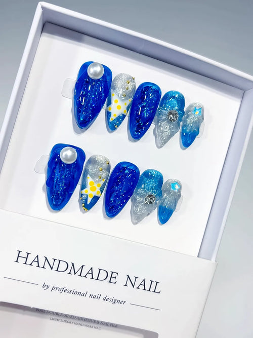 Blue Silver White Yellow Glitter Pearl Rhinestone Bow 3D press on nails