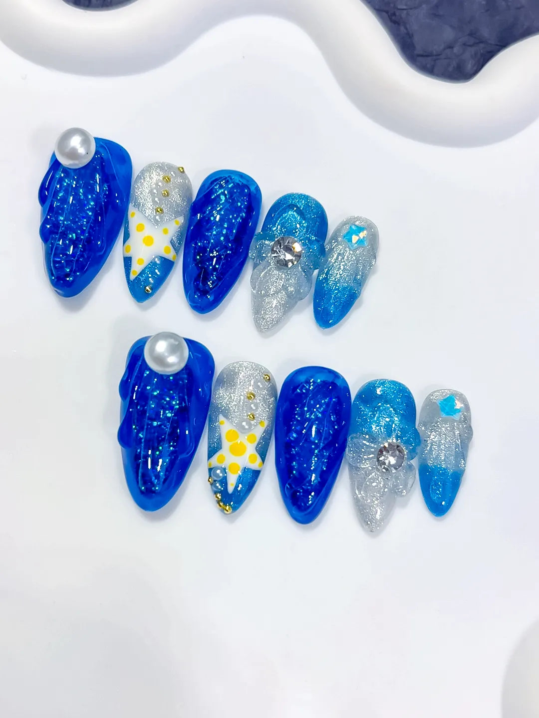 Blue Silver White Yellow Glitter Pearl Rhinestone Bow 3D press on nails close up