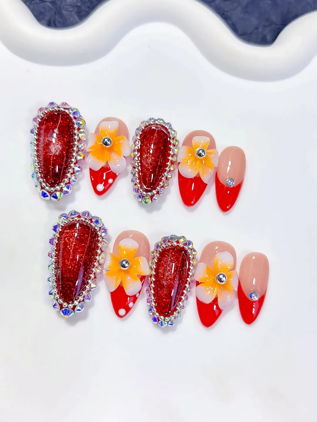 Red Nude Yellow White Silver French tip Flower Rhinestone Glitter 3D press on nails detail view
