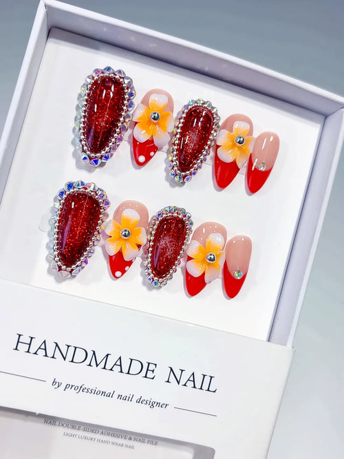Red Nude Yellow White Silver French tip Flower Rhinestone Glitter 3D press on nails