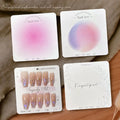 Professional custom backing card designs for press-on nails with size markers and brand logo placeholders.
