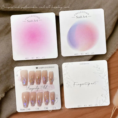 Professional custom backing card designs for press-on nails with size markers and brand logo placeholders.
