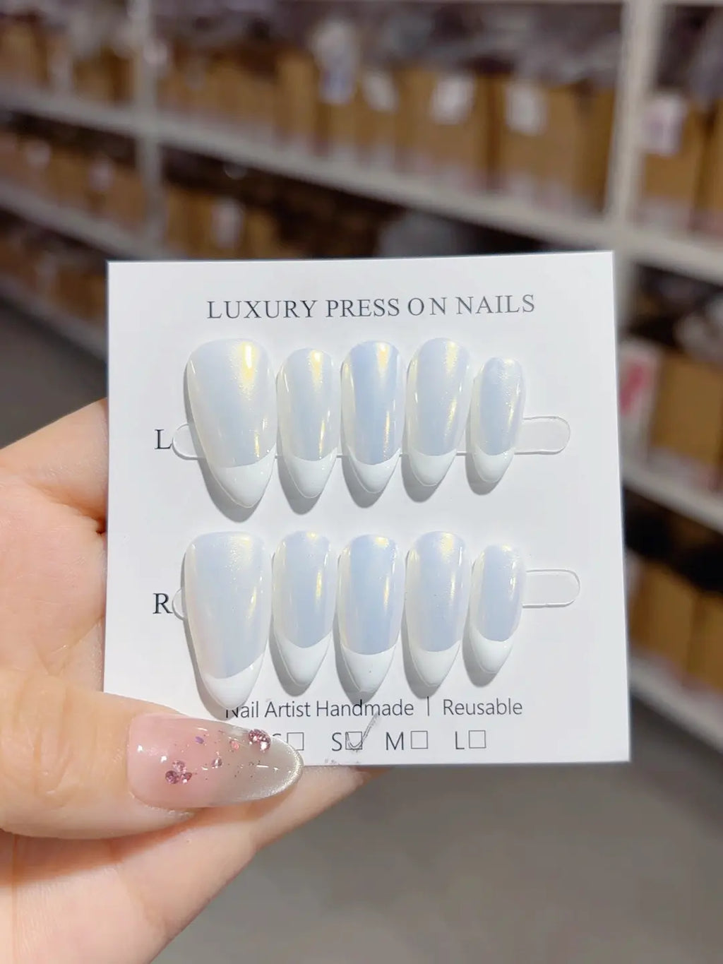 elegant medium almond white french handmade press on nails with yellow aurora effect, full set display