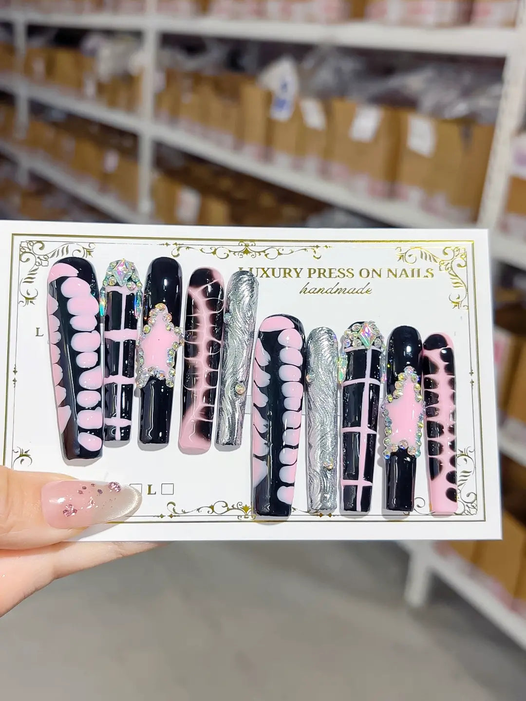 full set of handmade press on nails, long square black/pink with grid lines and shimmering rhinestones