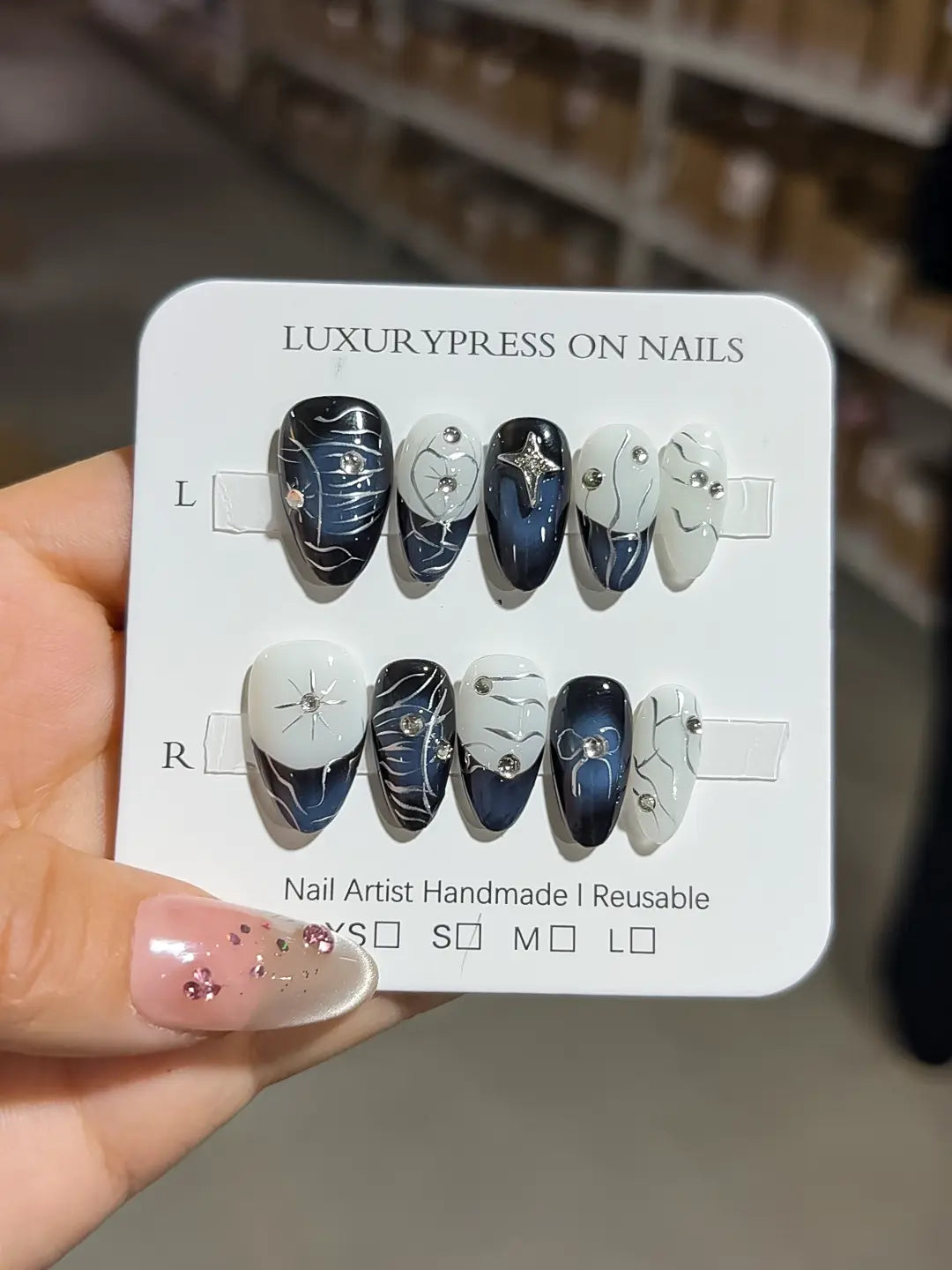 handmade press on nails black & white set with 3D swirl centerpiece