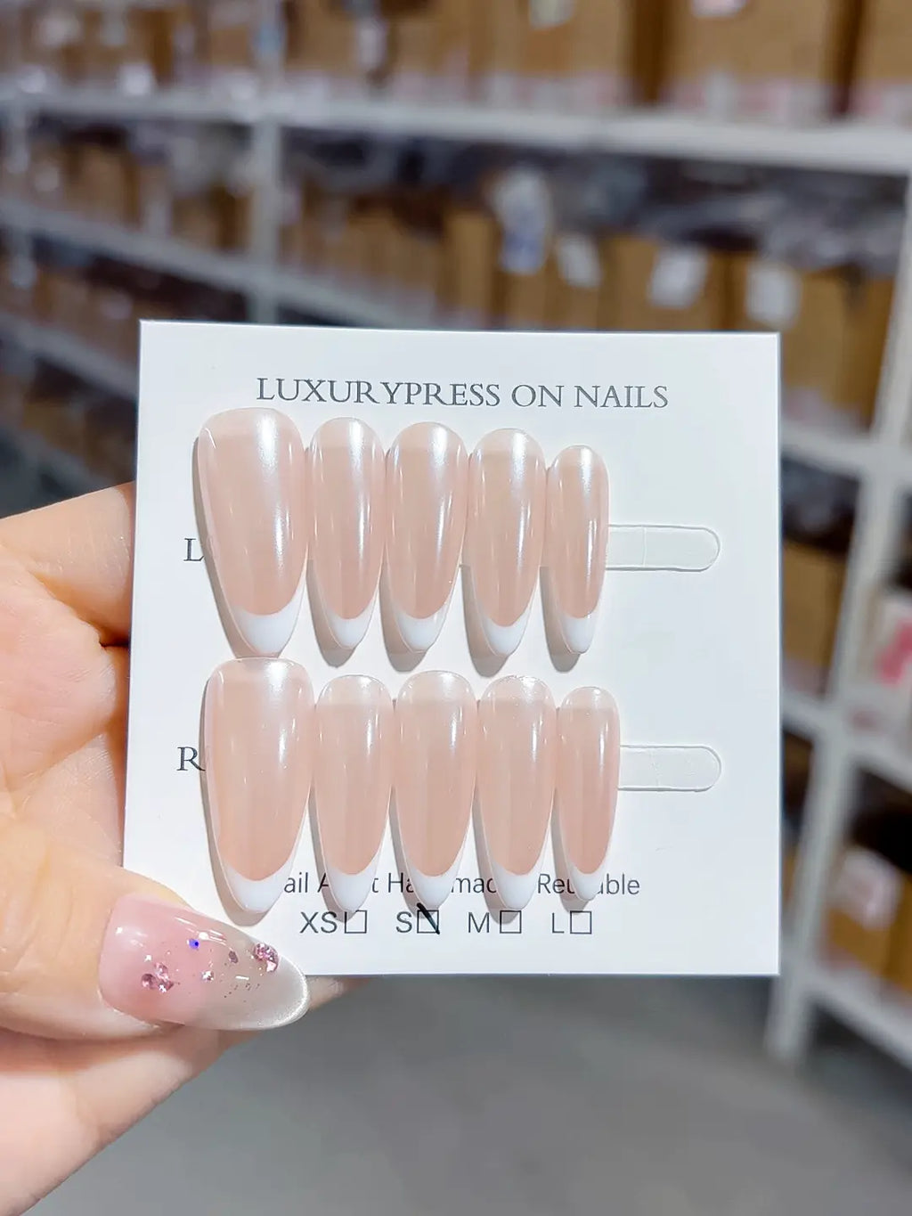handmade press on nails full set, long almond nude French with crisp white tips