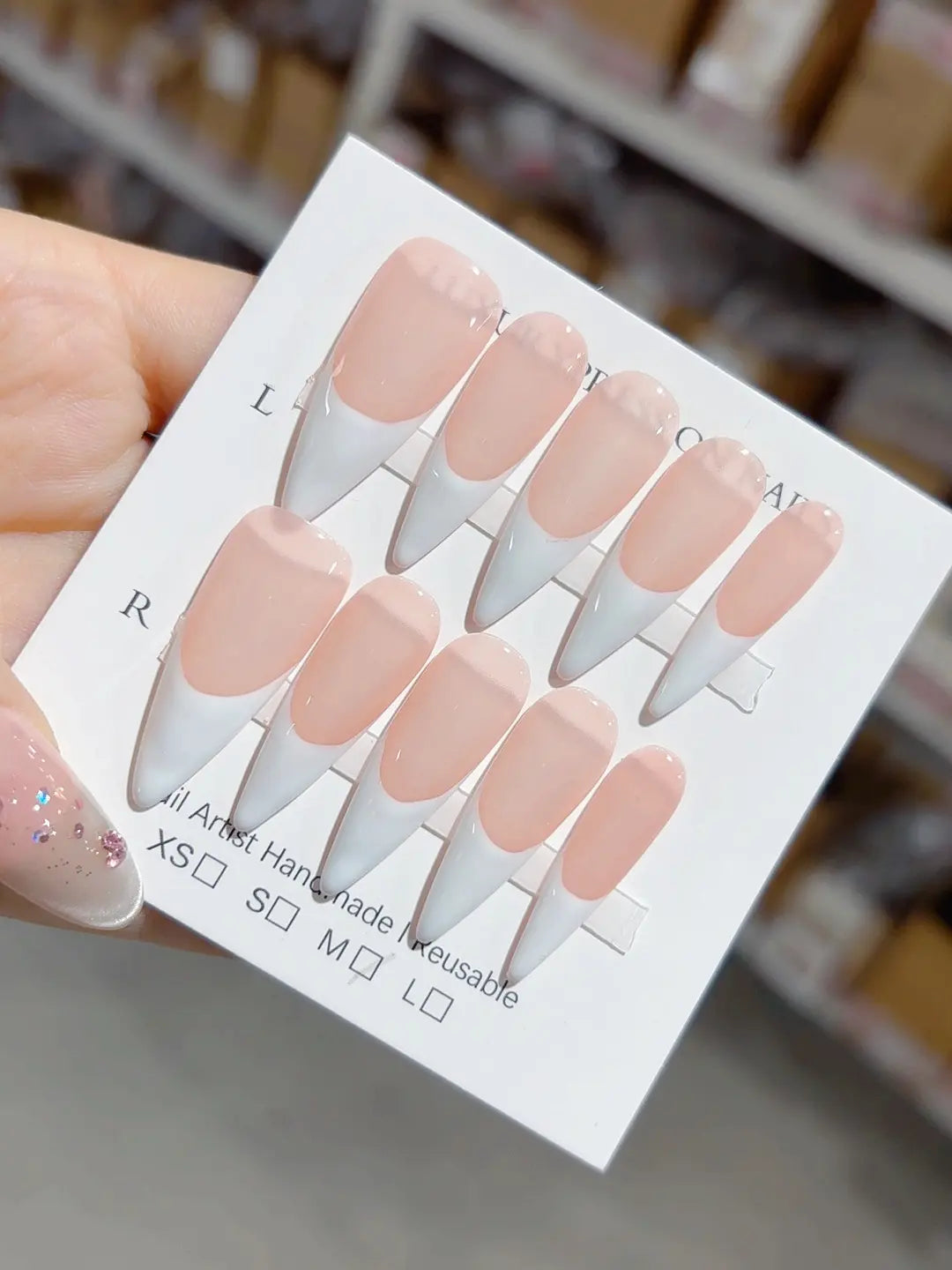 handmade press on nails, full set long stiletto pink and white French tips