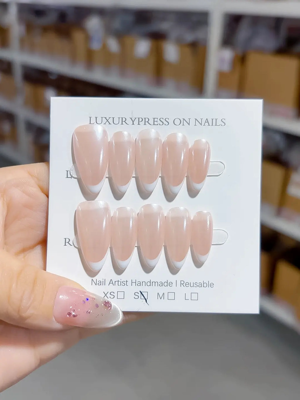 handmade press on nails, full set of medium almond nude french, glossy finish