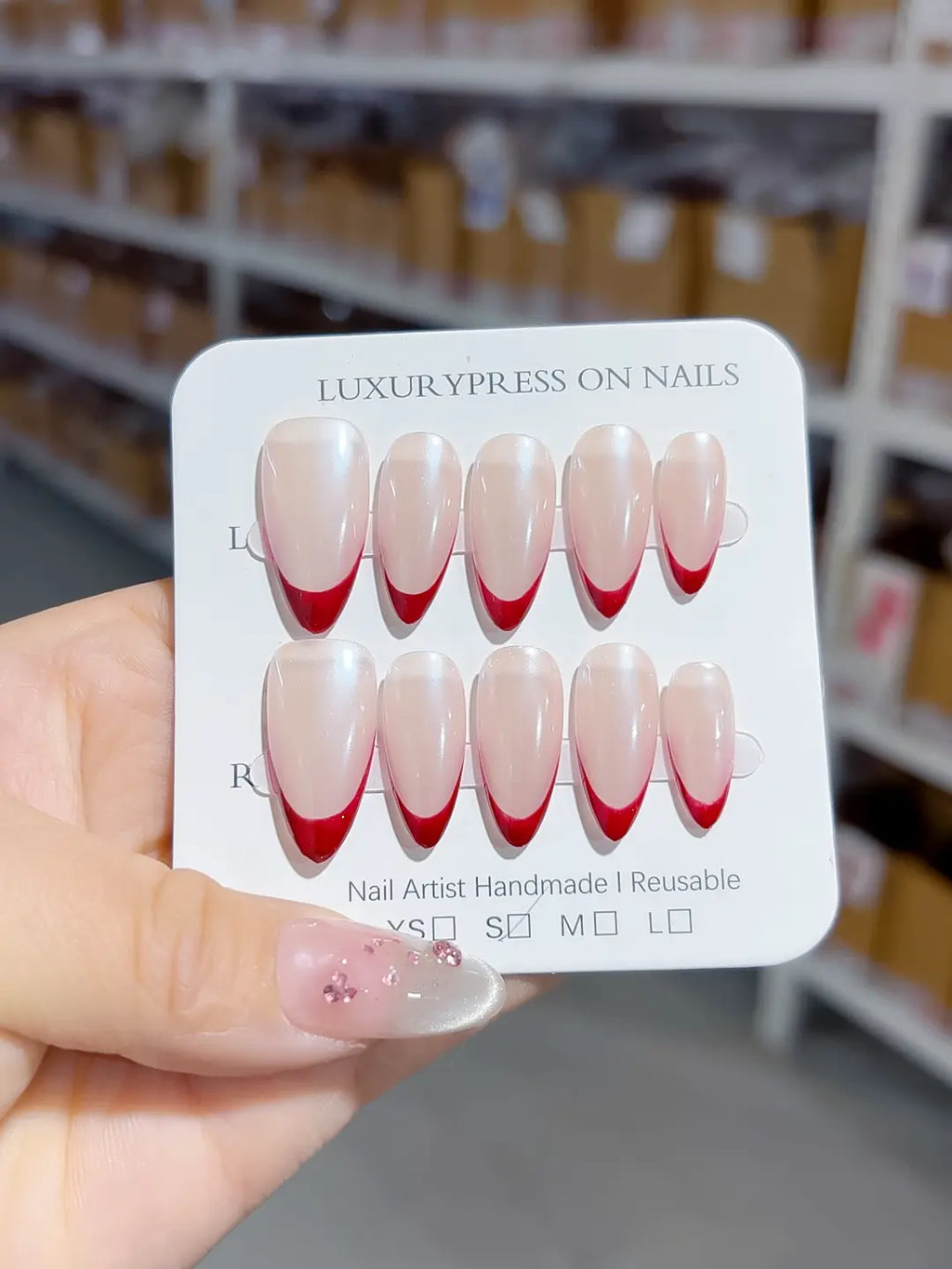 handmade press on nails, full set of medium almond red french with glossy finish