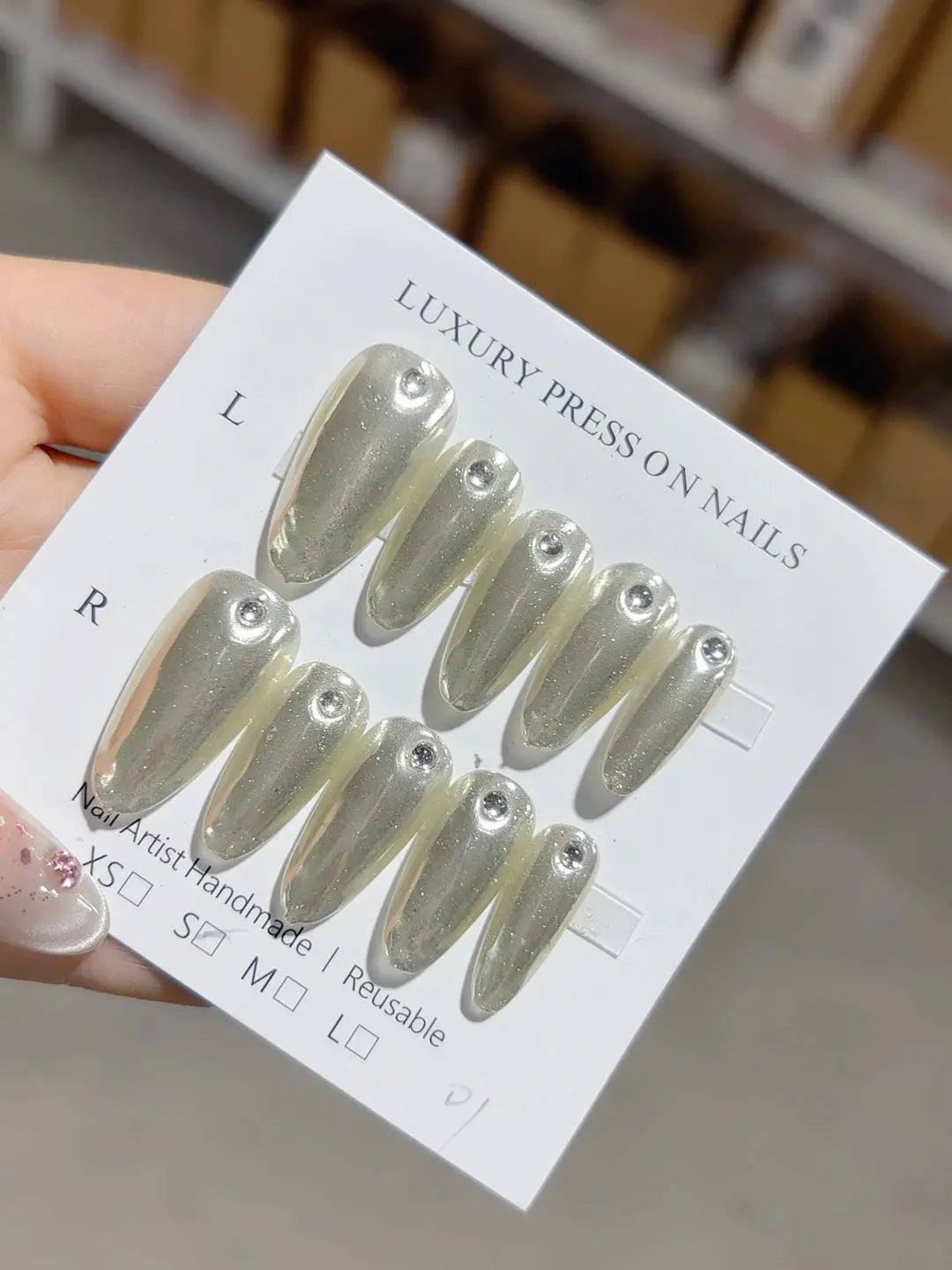handmade press on nails long almond glitter finish full set with rhinestone