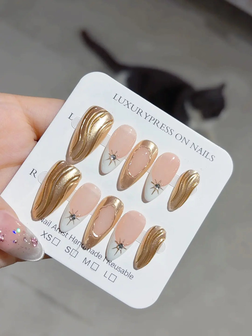handmade press on nails long almond gold swirl 3D French centerpiece