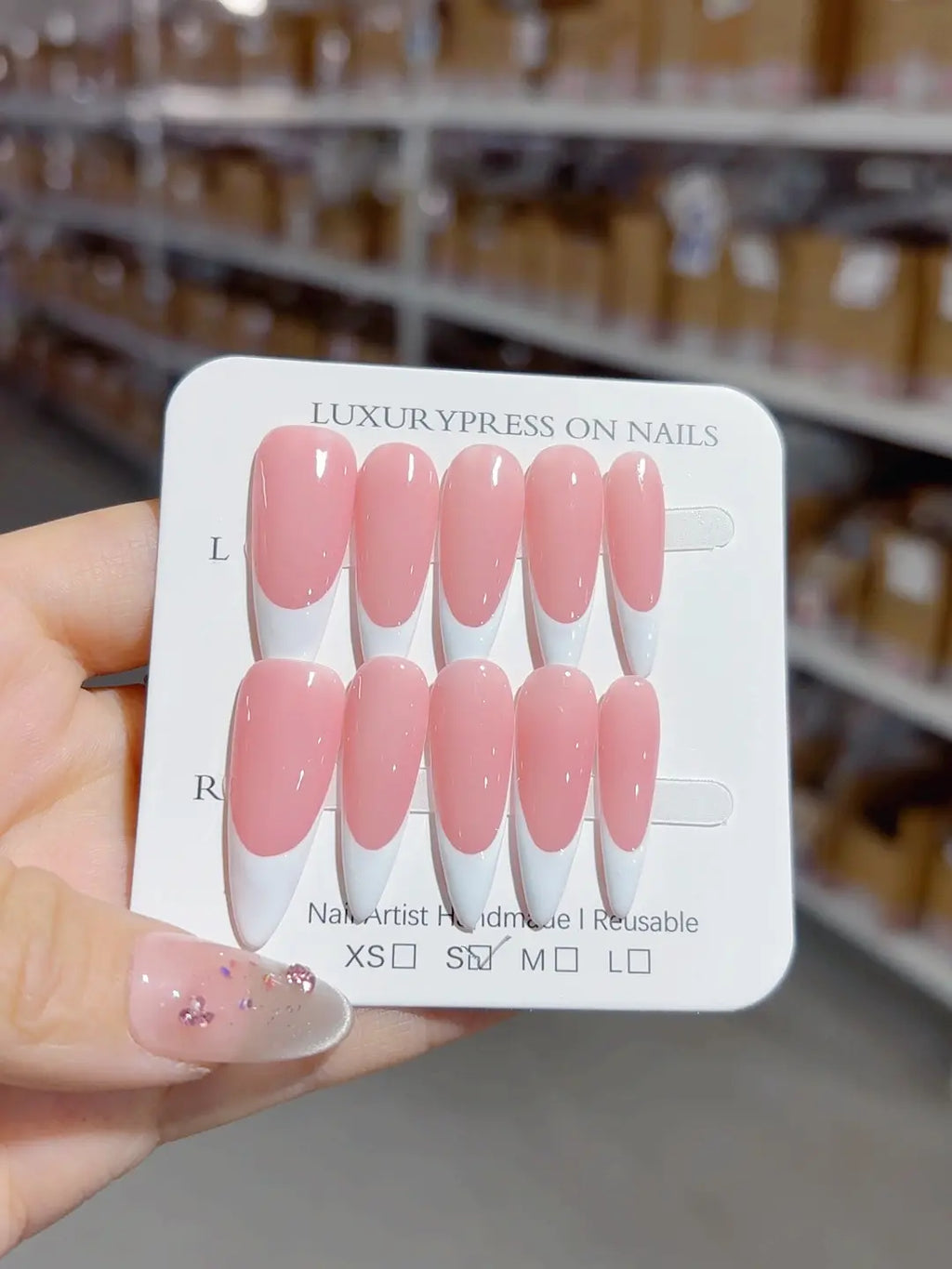 handmade press on nails long almond pink white french design, front view