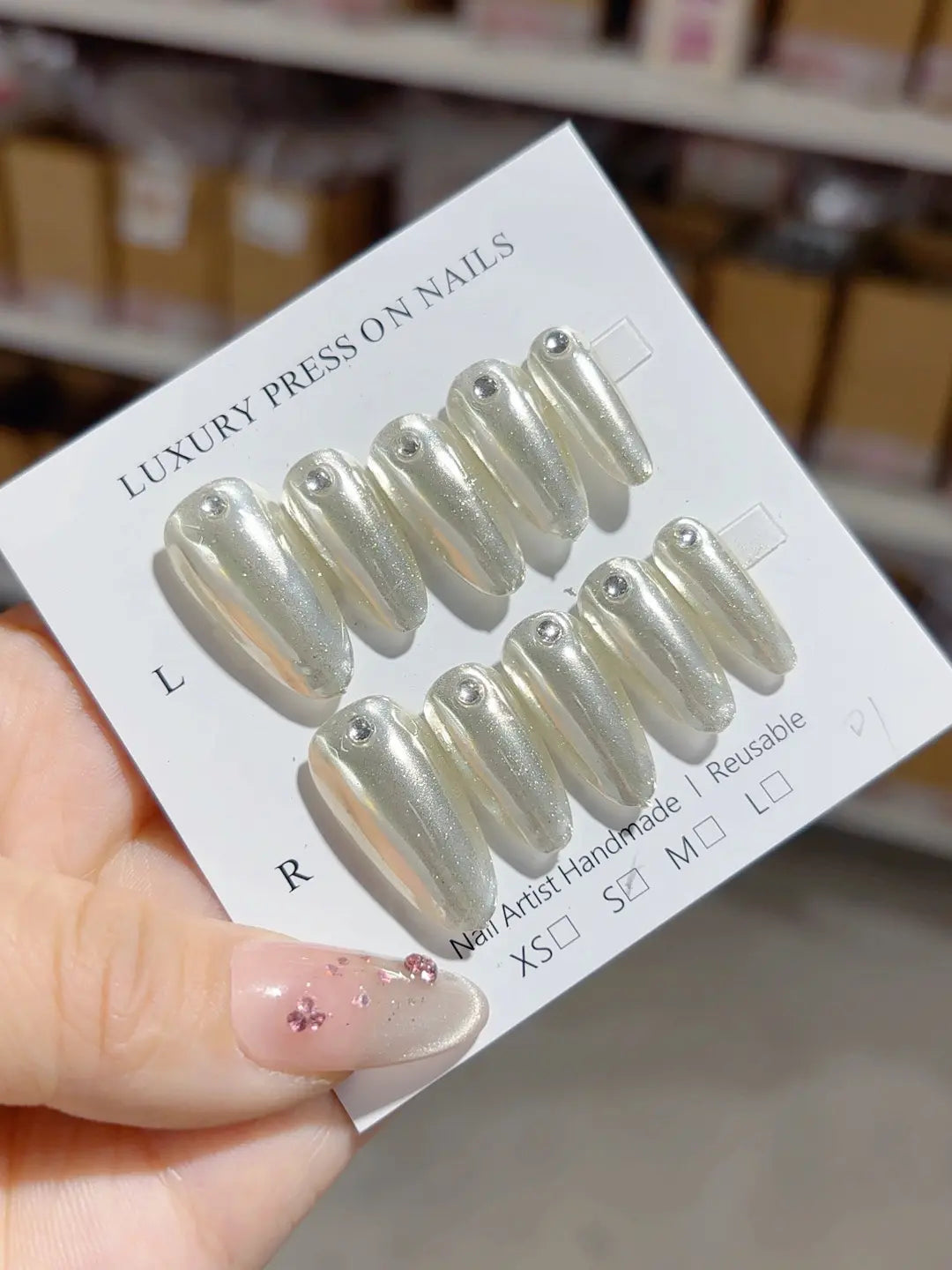 handmade press on nails long almond silver glitter with rhinestone centerpiece