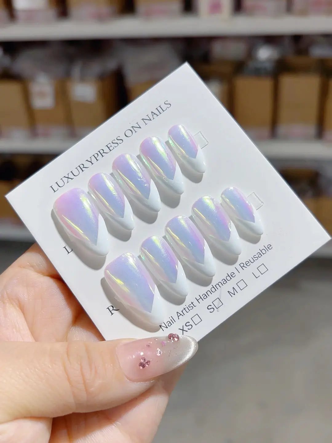 handmade press on nails medium almond aurora glitter with V French tips full set
