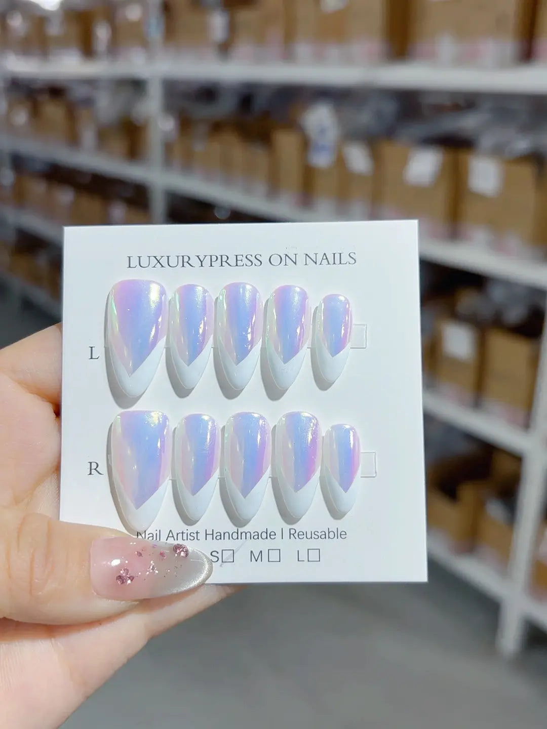 handmade press on nails medium almond close-up aurora multicolor glow with V French design