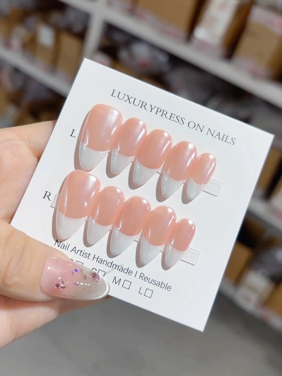 handmade press on nails, medium almond glossy French pink white set