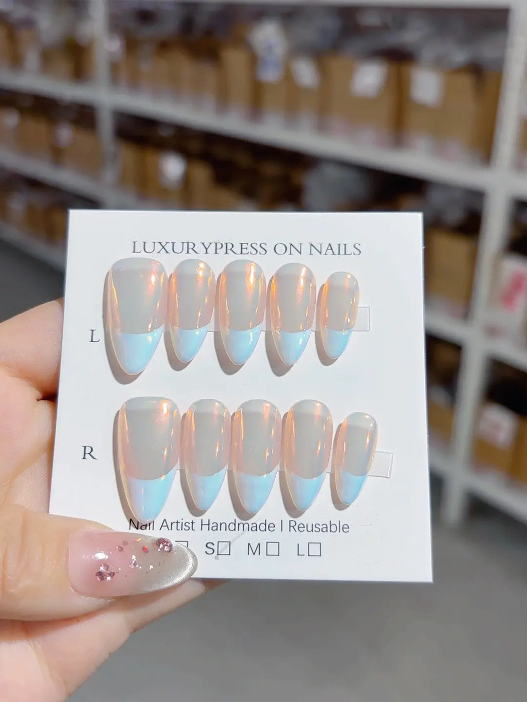 handmade press on nails medium almond with blue French tips and clear glow full set