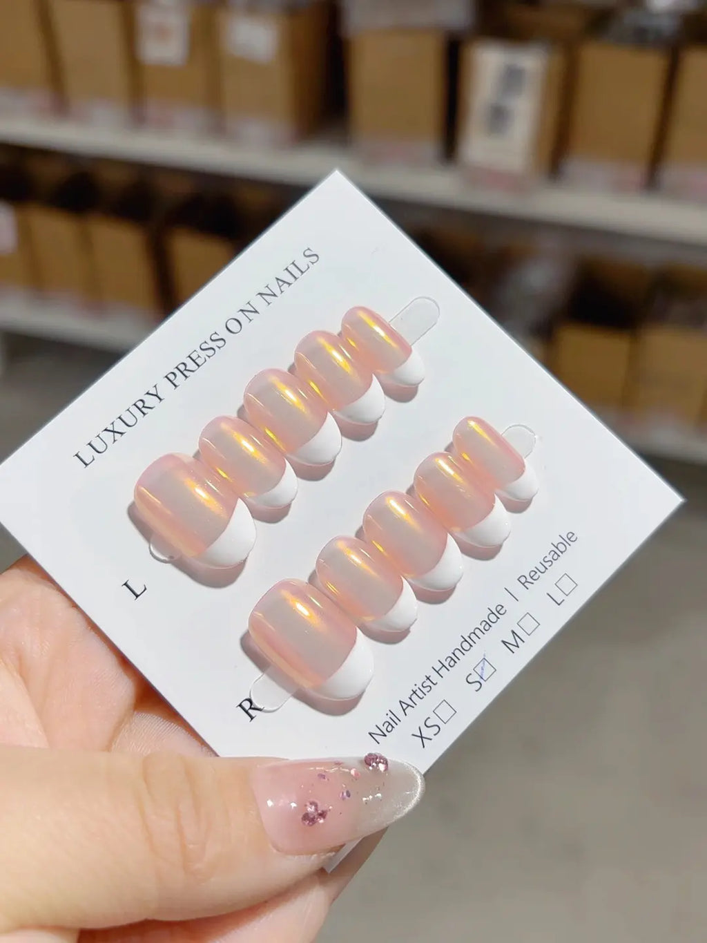 handmade press on nails pink oval with white french angled detail
