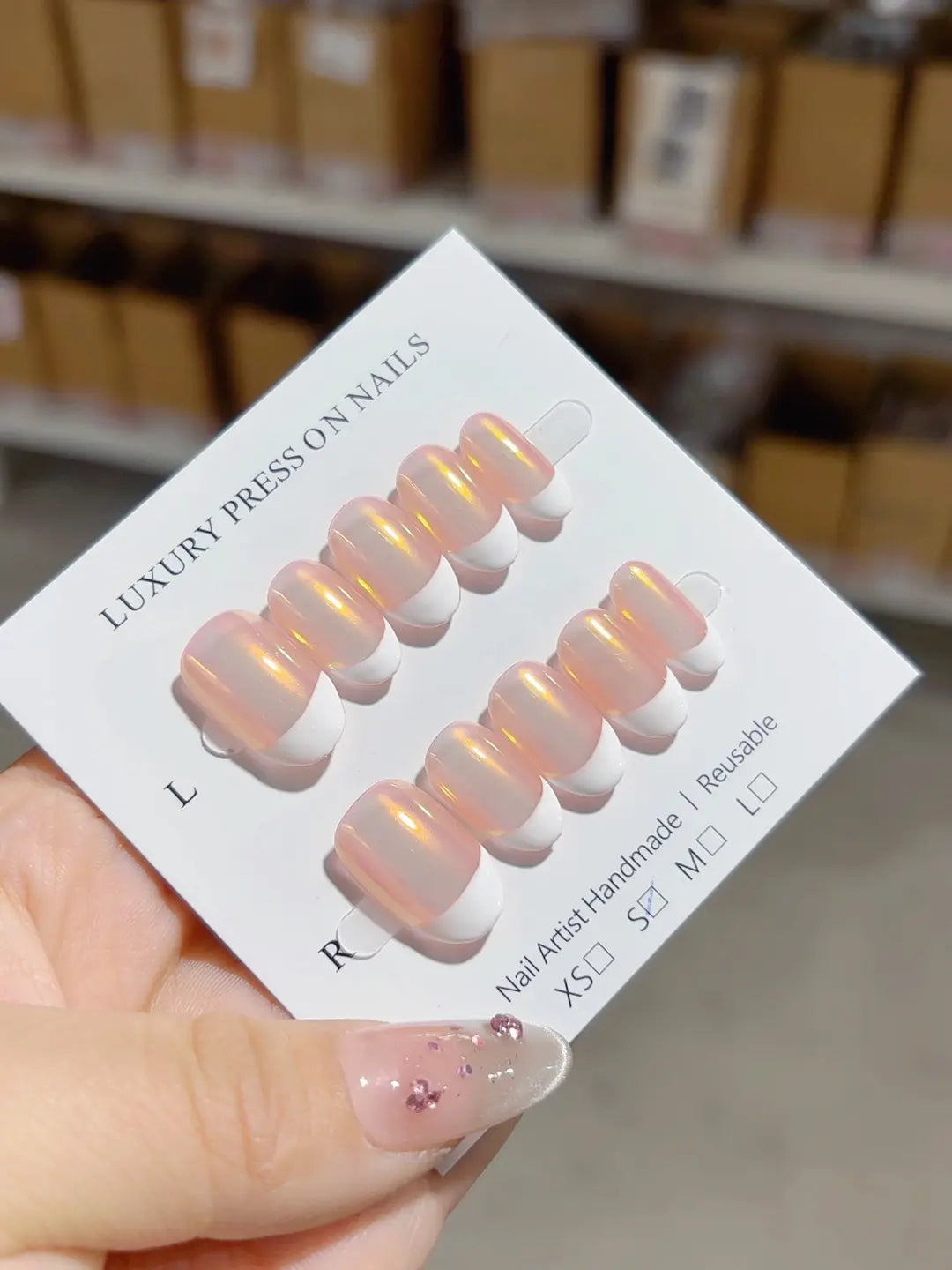 handmade press on nails pink oval with white french angled detail